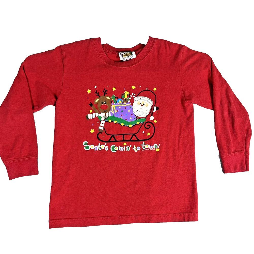 Vintage Adorable Originals Kids M 100% Cotton T Shirt Santa Sleigh Jingle Bells